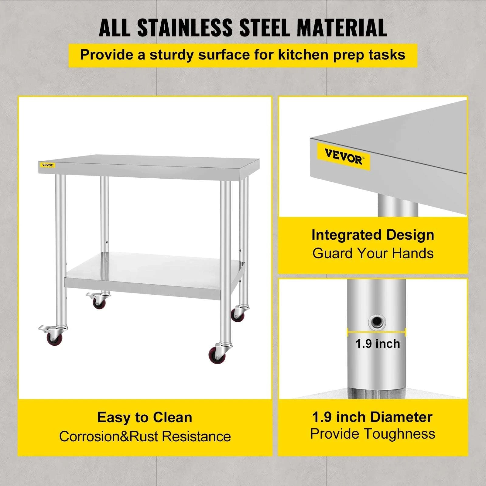 Stainless Steel Kitchen Prep Table with Wheels & Adjustable Shelf-