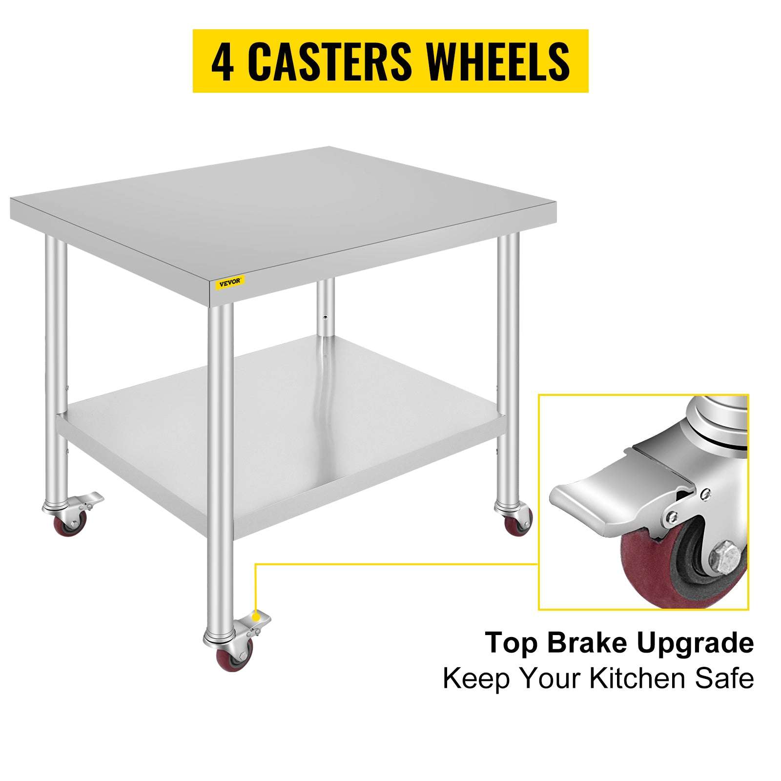 Stainless Steel Kitchen Prep Table with Wheels & Adjustable Shelf-