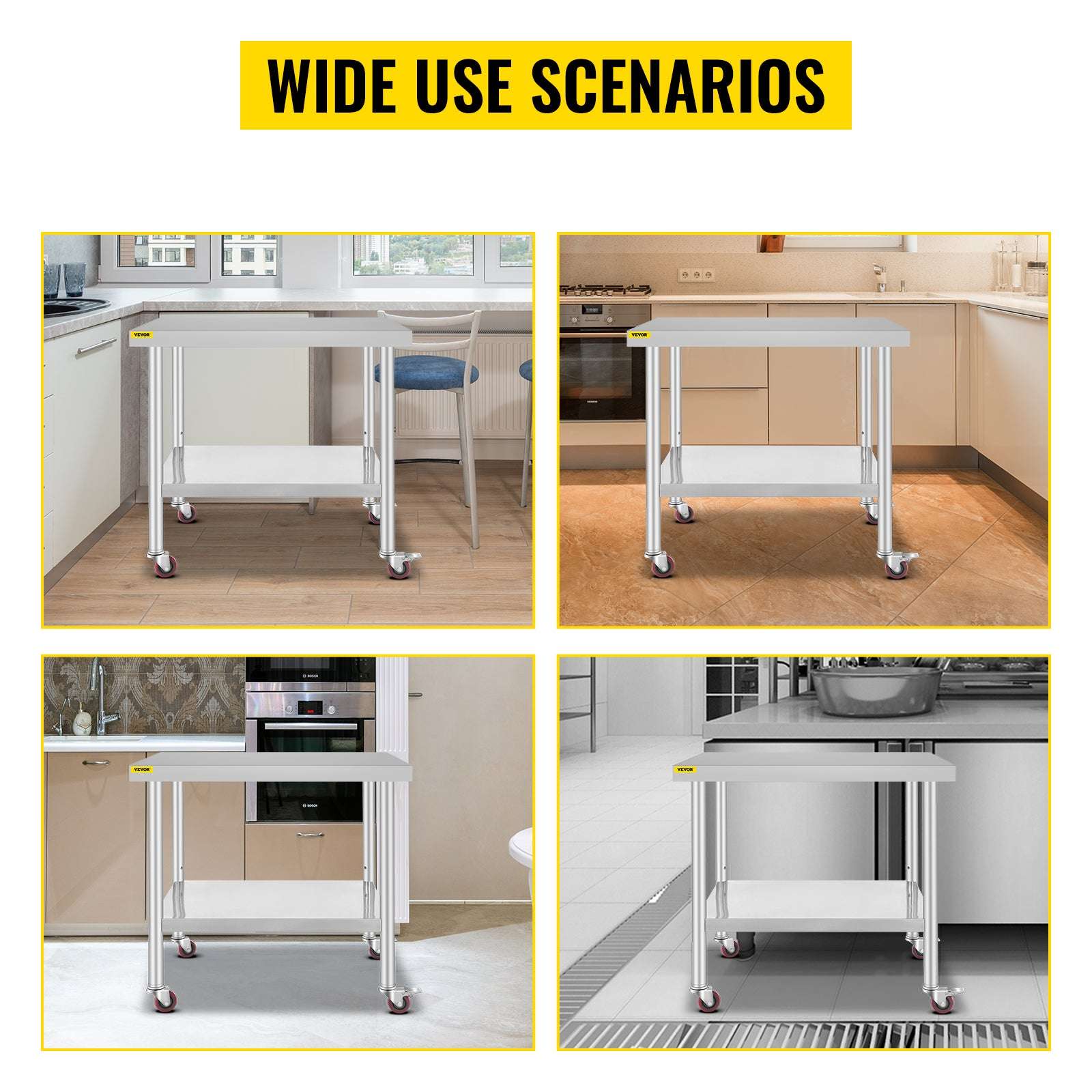 Stainless Steel Kitchen Prep Table with Wheels & Adjustable Shelf-