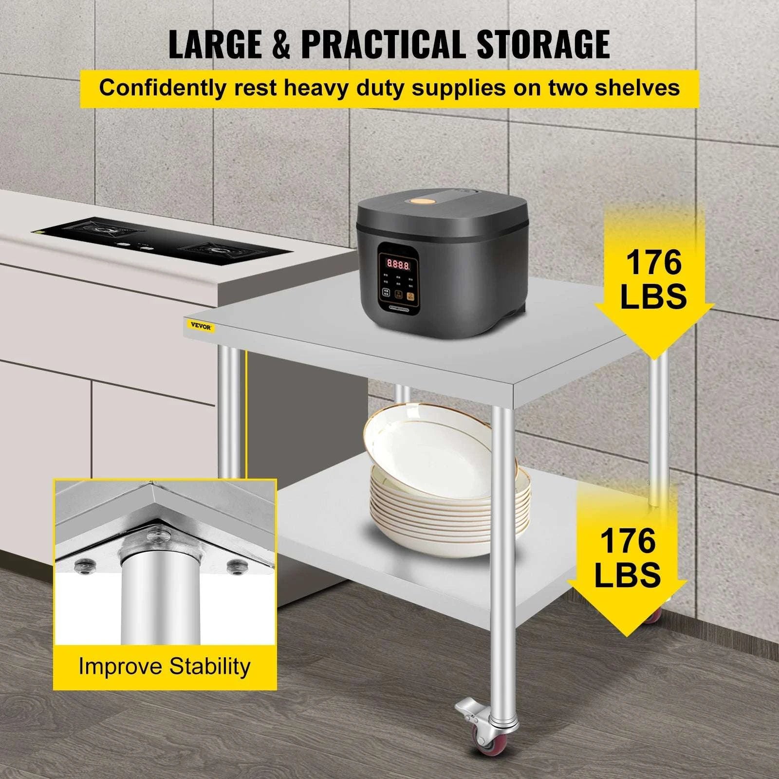 Stainless Steel Kitchen Prep Table with Wheels & Adjustable Shelf-