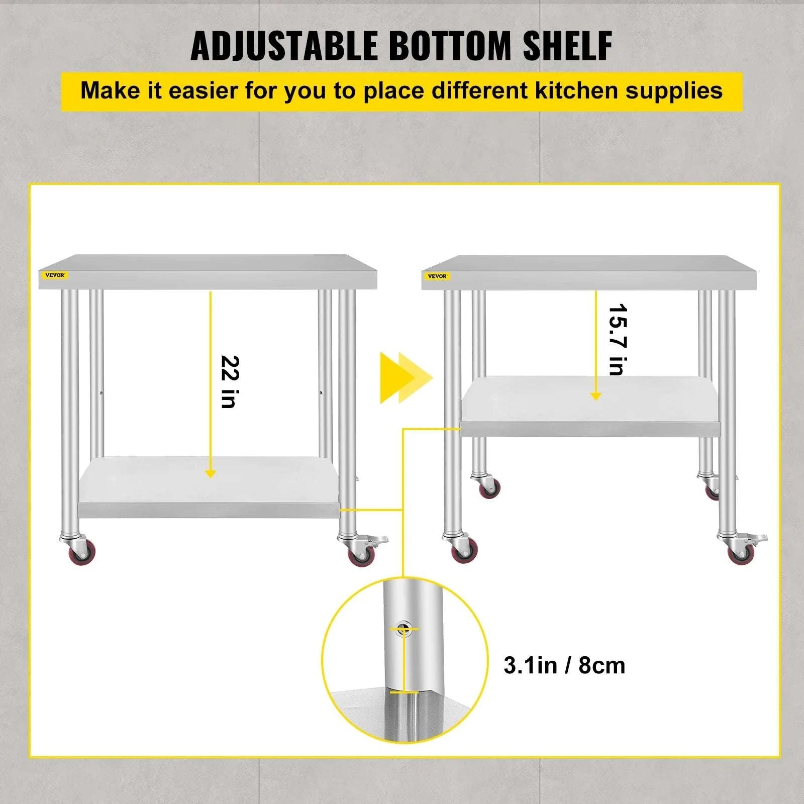 Stainless Steel Kitchen Prep Table with Wheels & Adjustable Shelf-