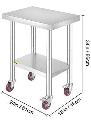 Stainless Steel Kitchen Prep Table with Wheels & Adjustable Shelf-