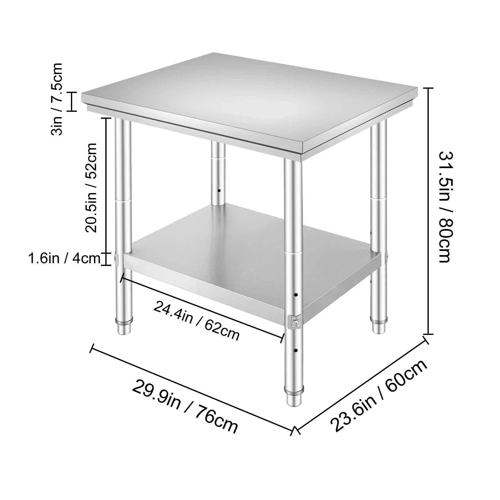 Stainless Steel Kitchen Work Table with Adjustable Shelf-30x24x32 inch / United States