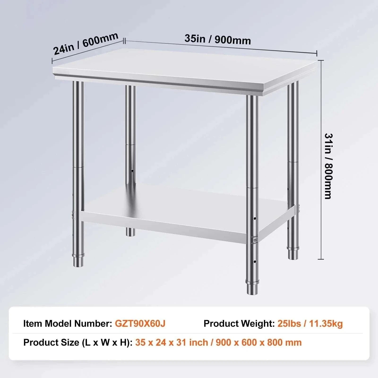 Stainless Steel Kitchen Work Table with Adjustable Shelf-30x24x32 inch / United States