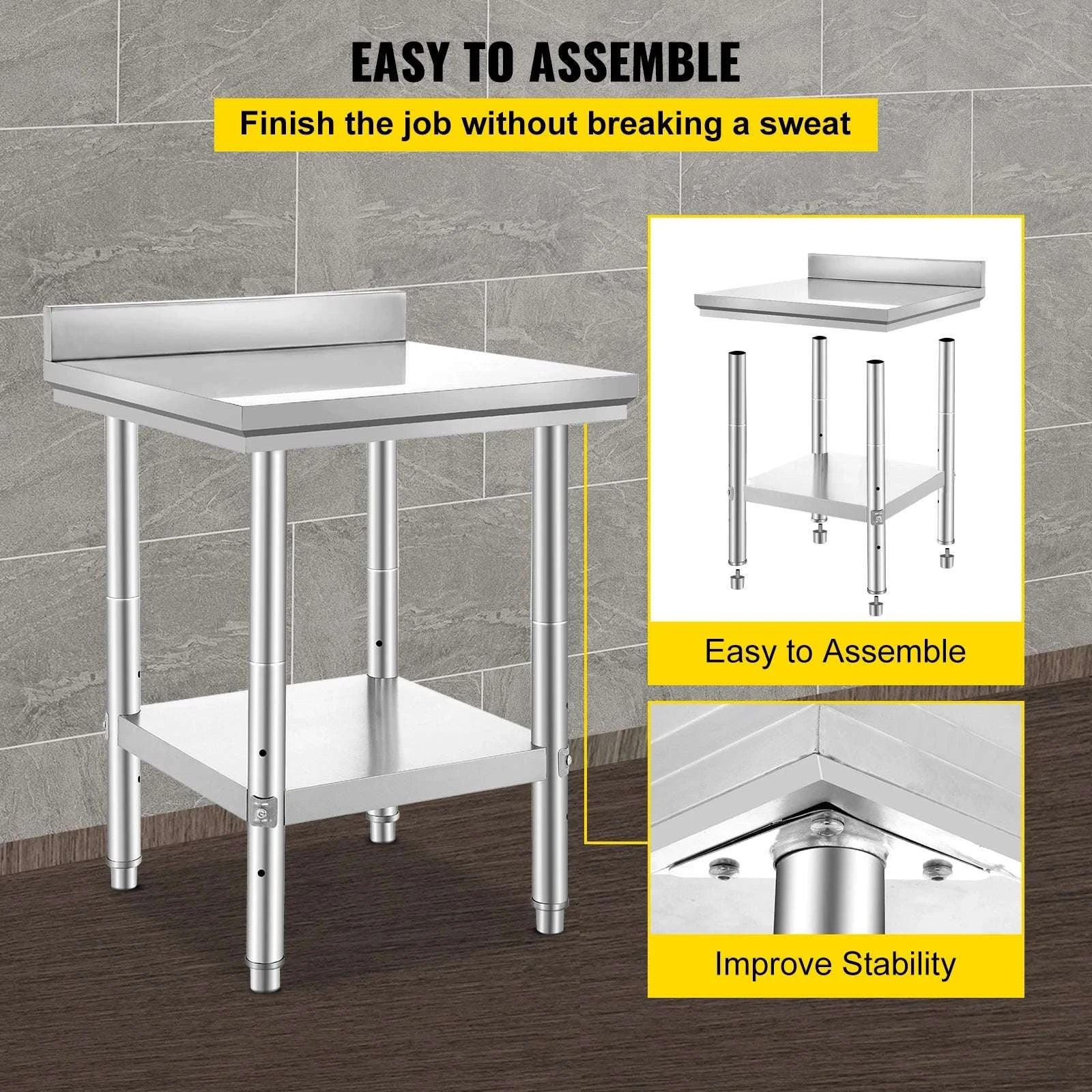 Stainless Steel Kitchen Work Table with Adjustable Shelf & Backsplash-24x24x32 inch 330LBS / United States