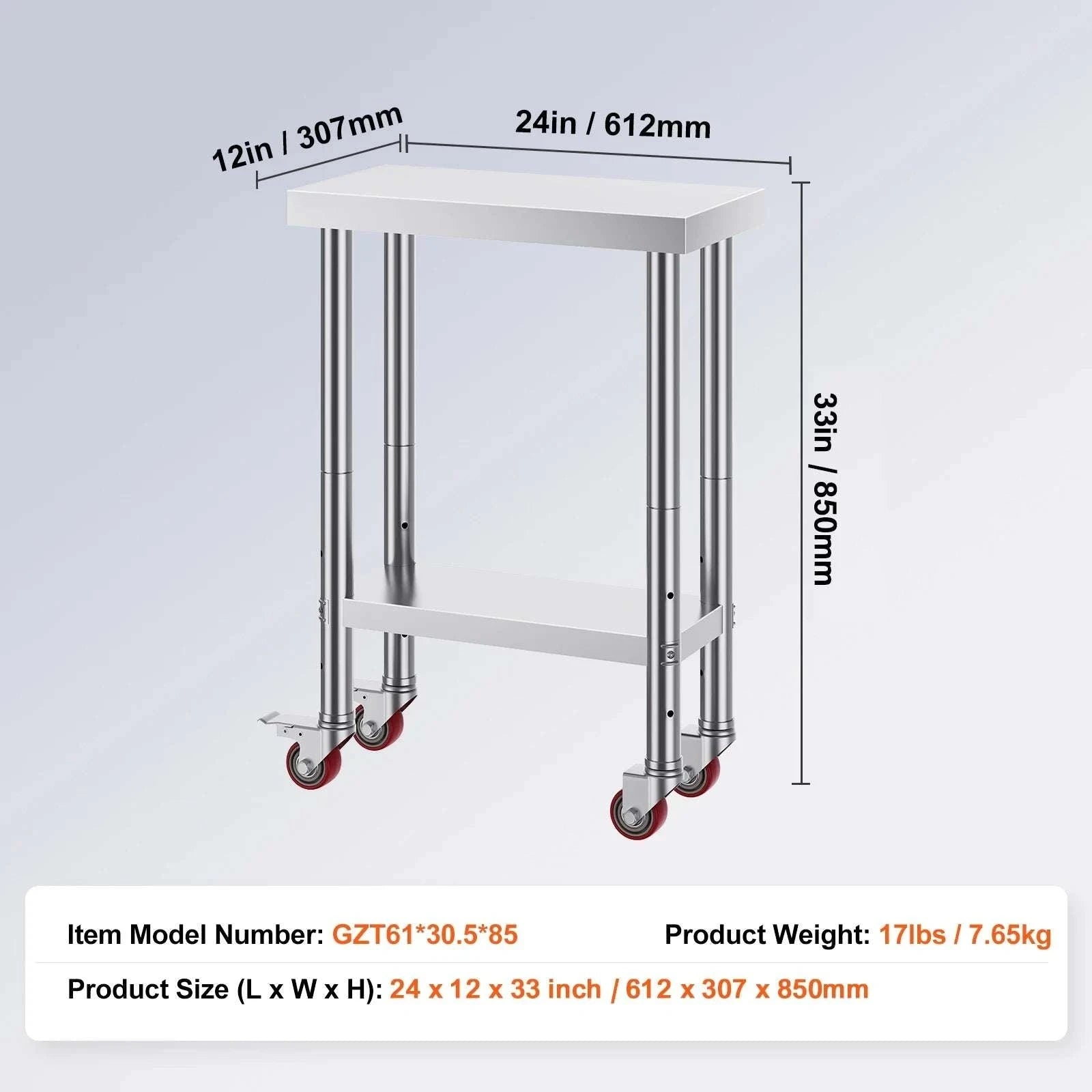 Stainless Steel Kitchen Work Table with Wheels & Adjustable Shelf-30 x 24 inch / United States