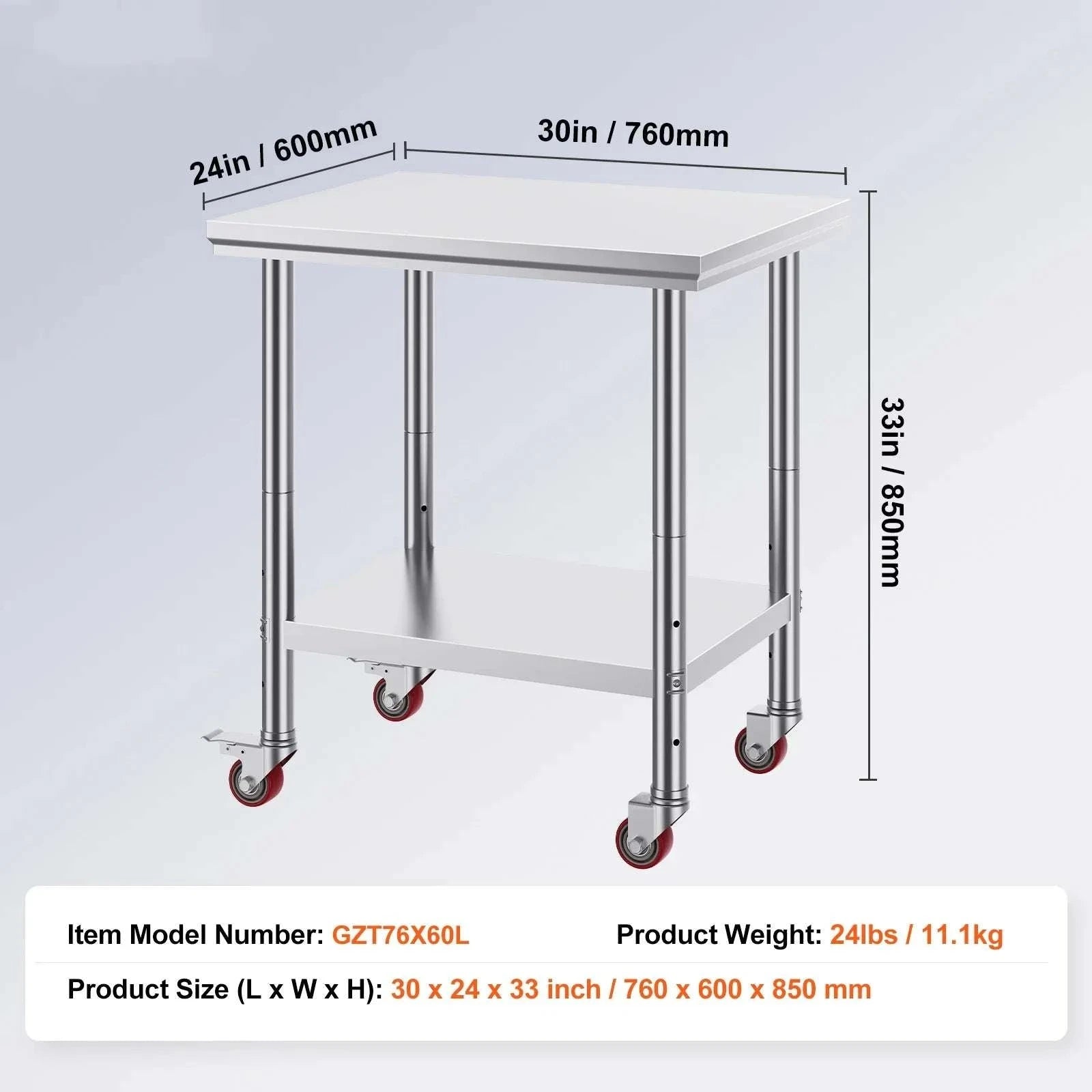 Stainless Steel Kitchen Work Table with Wheels & Adjustable Shelf-30 x 24 inch / United States