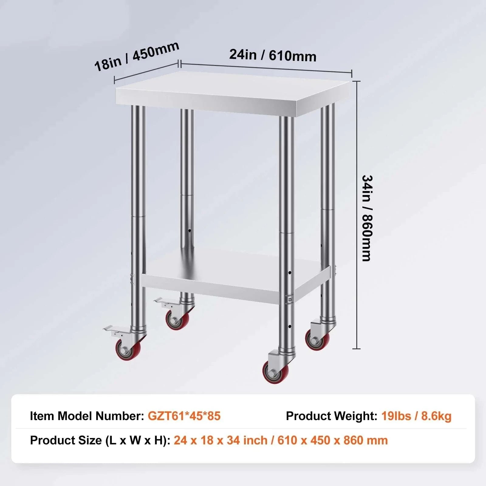 Stainless Steel Kitchen Work Table with Wheels & Adjustable Shelf-30 x 24 inch / United States