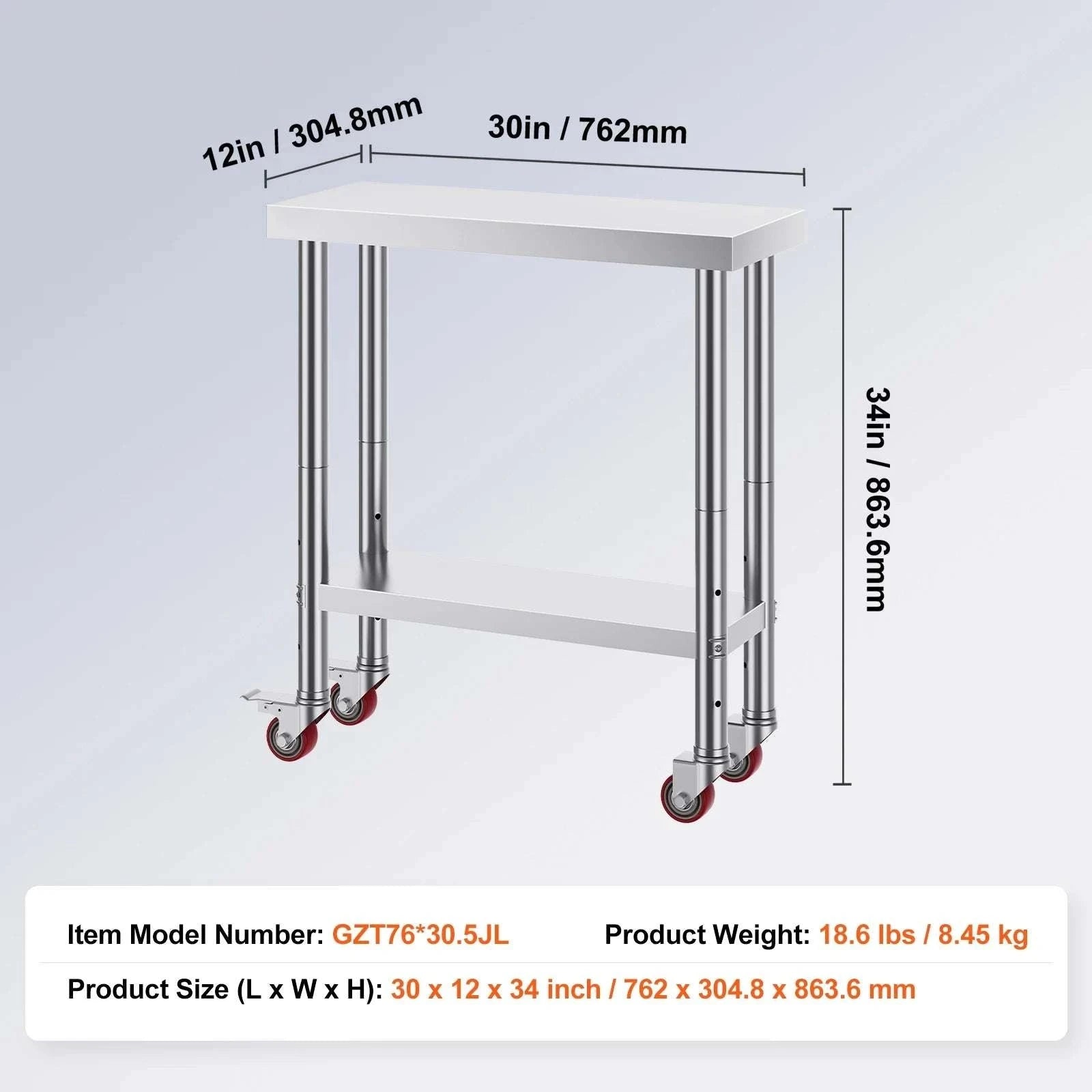 Stainless Steel Kitchen Work Table with Wheels & Adjustable Shelf-30 x 24 inch / United States