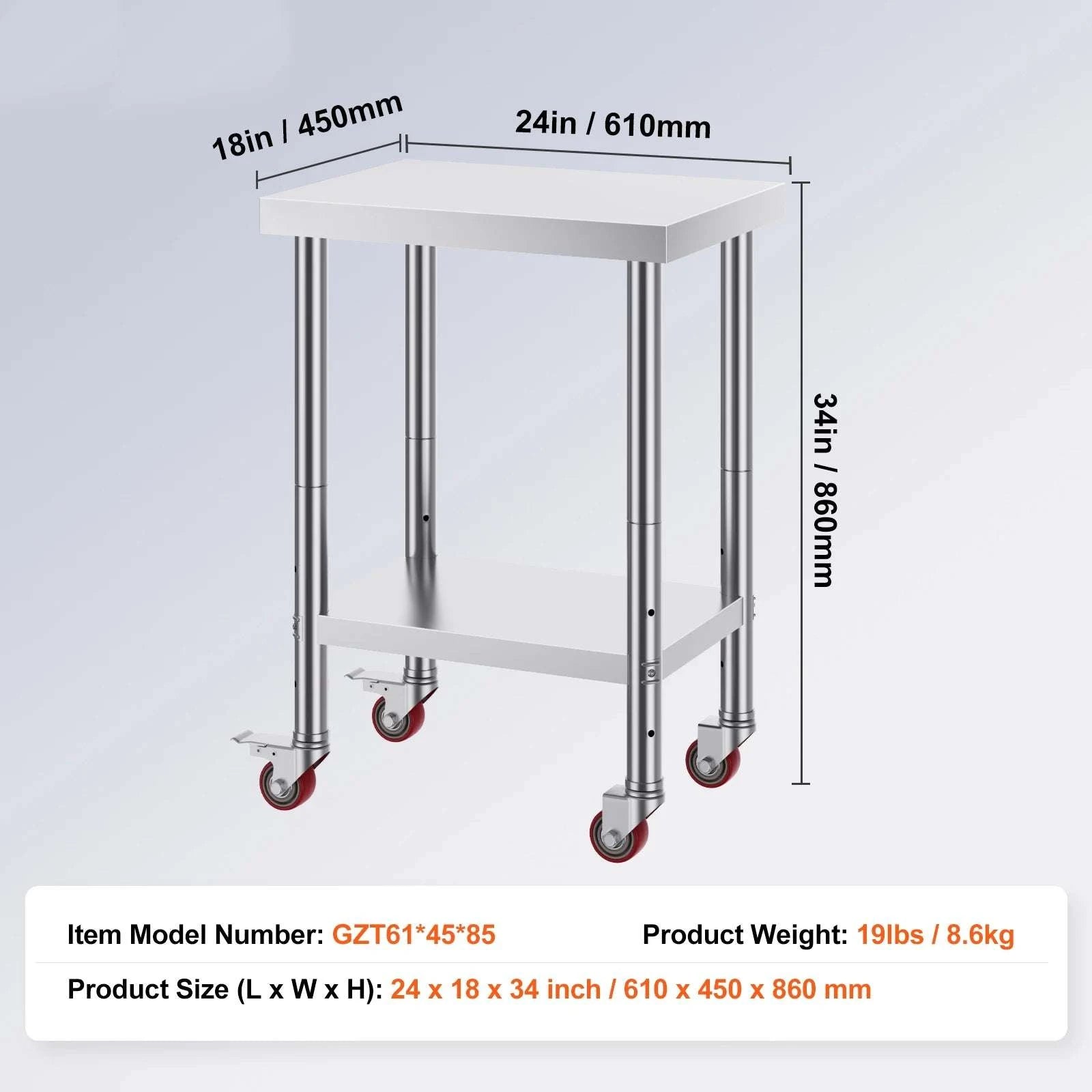Stainless Steel Kitchen Work Table with Wheels & Adjustable Shelf-36 x 30 inch / GERMANY
