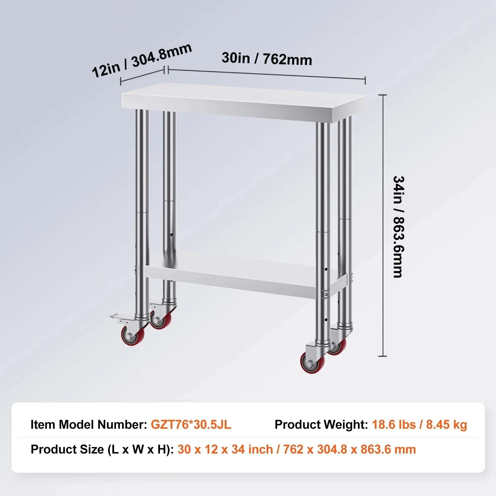 Stainless Steel Kitchen Work Table with Wheels & Adjustable Shelf-36 x 30 inch / GERMANY