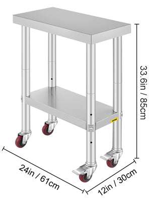 Stainless Steel Kitchen Work Table with Wheels & Adjustable Shelf-36 x 30 inch / GERMANY
