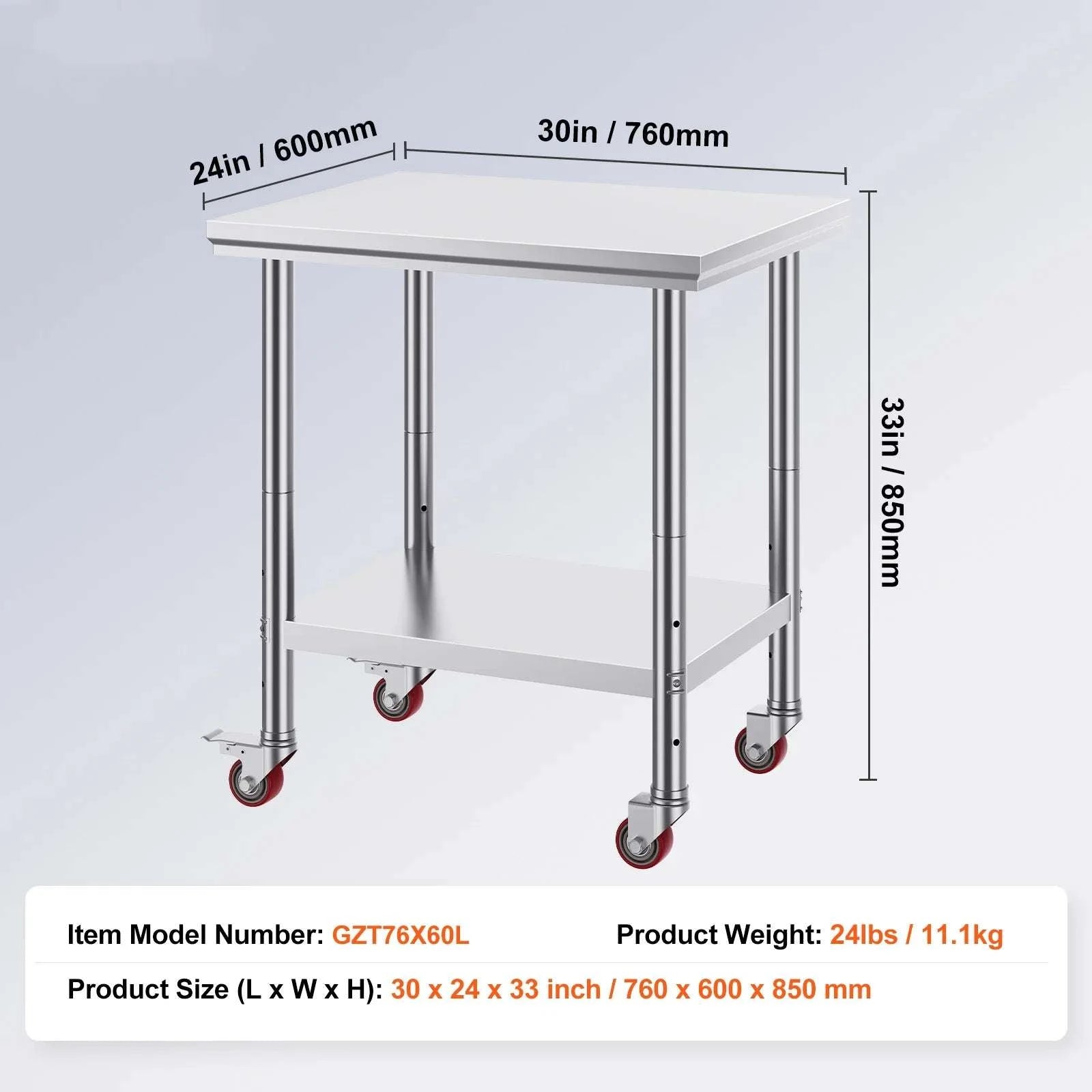 Stainless Steel Kitchen Work Table with Wheels & Adjustable Shelf-36 x 30 inch / GERMANY