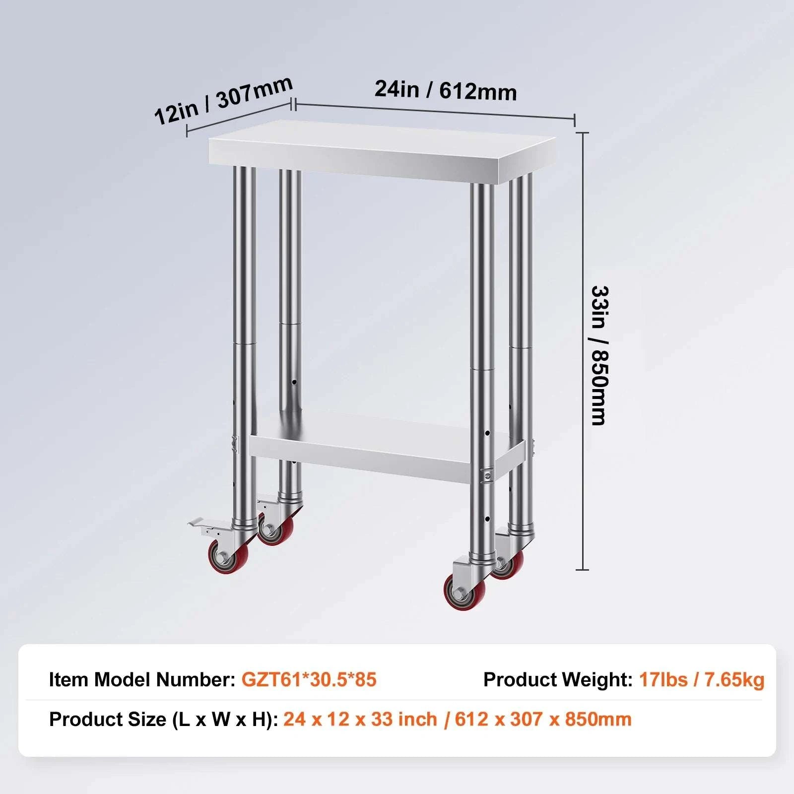 Stainless Steel Kitchen Work Table with Wheels & Adjustable Shelf-36 x 30 inch / GERMANY