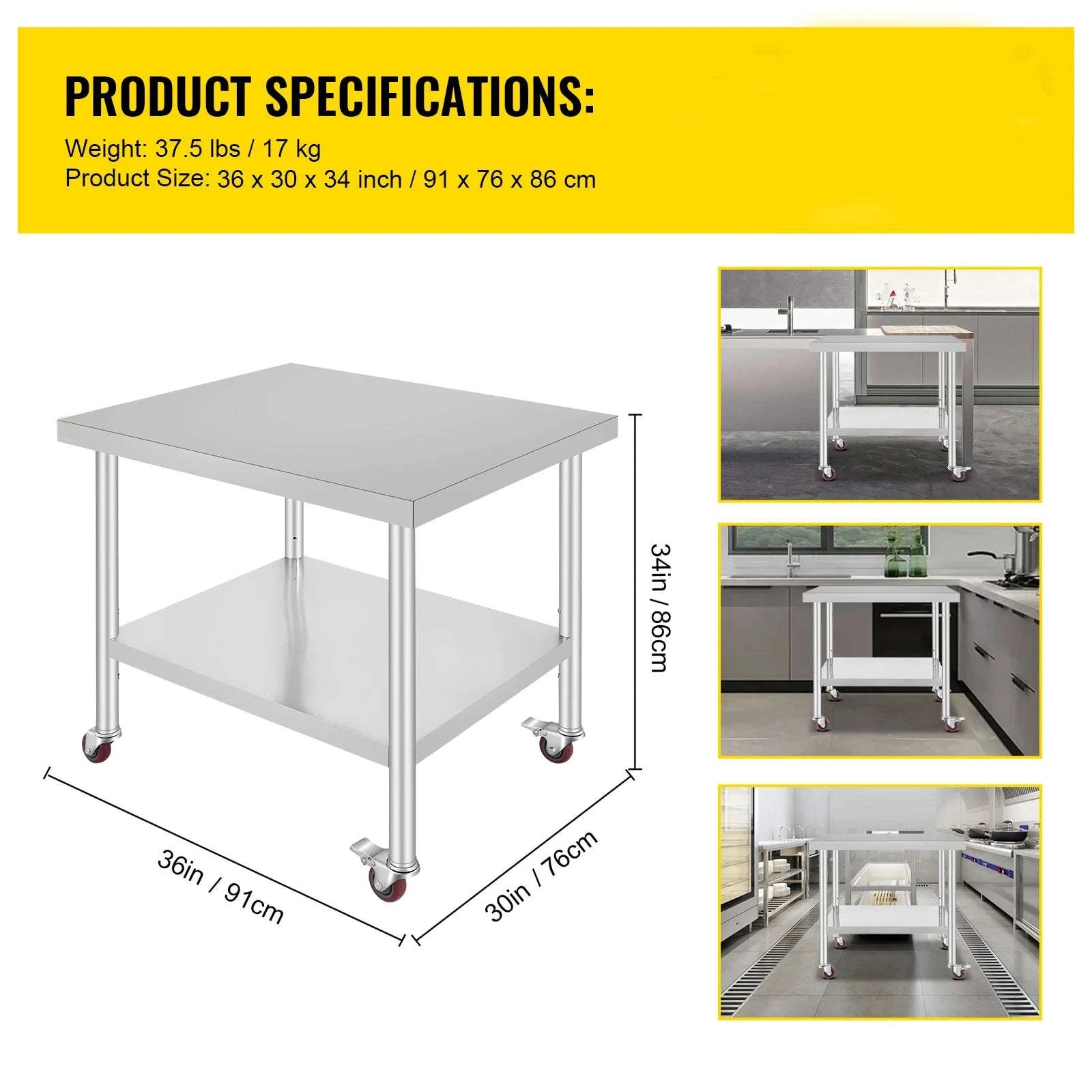 Stainless Steel Kitchen Worktable with Shelves and Caster Wheels-36 x 30 inch / spain