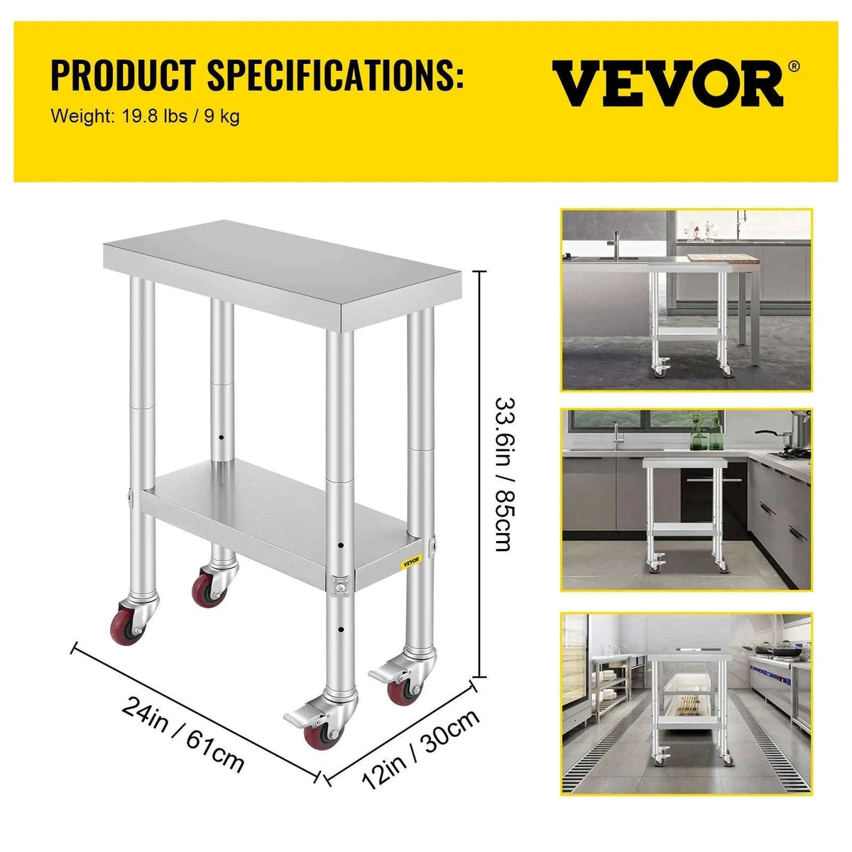 Stainless Steel Kitchen Worktable with Shelves and Caster Wheels-36 x 30 inch / spain