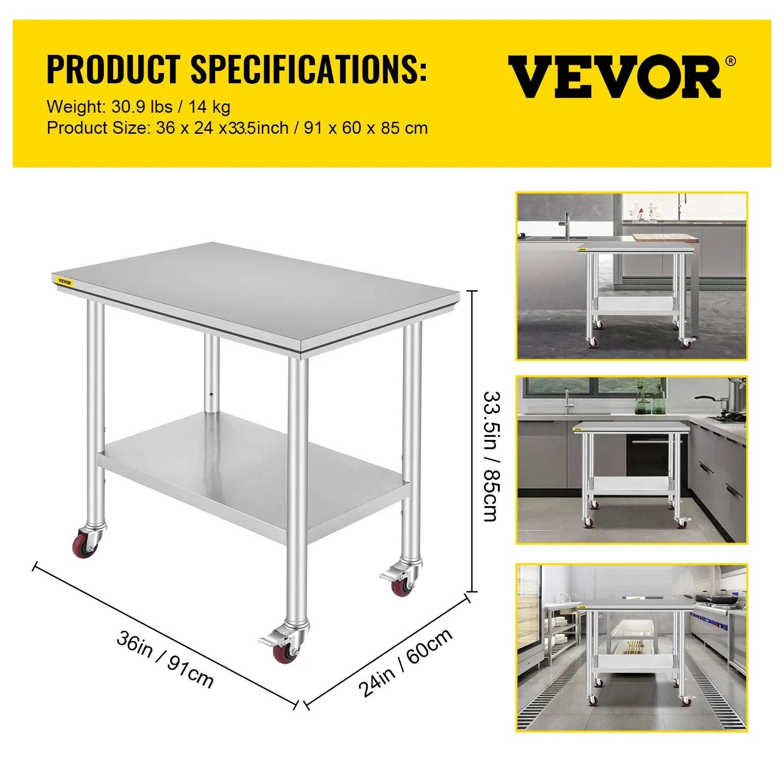Stainless Steel Kitchen Worktable with Shelves and Caster Wheels-36 x 30 inch / spain