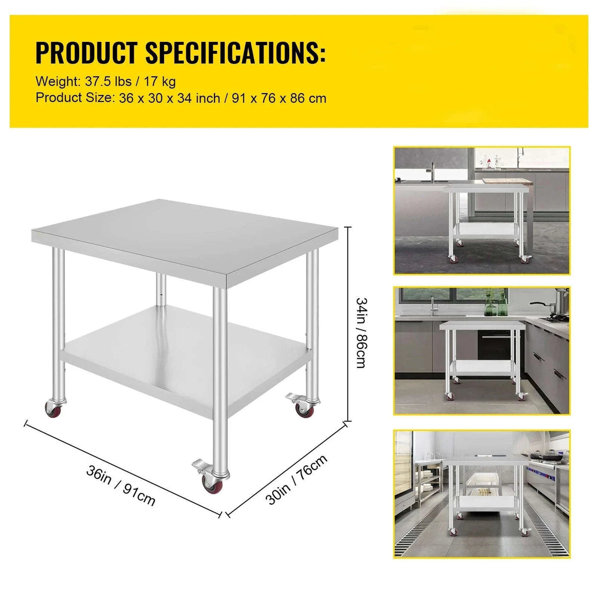 Stainless Steel Kitchen Worktable with Shelves and Caster Wheels-36 x 30 inch / spain