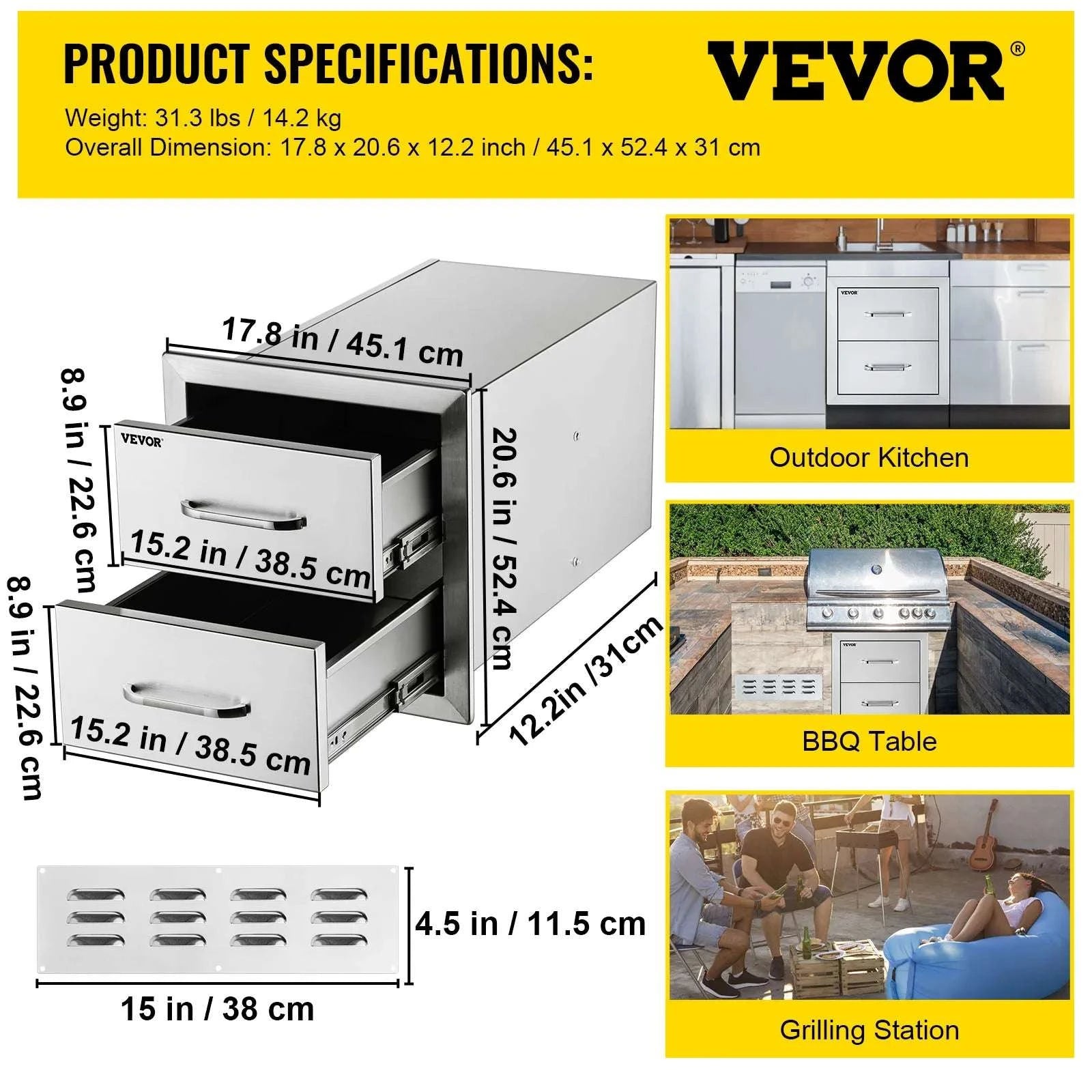 Stainless Steel Outdoor Kitchen Drawers Double Storage BBQ Island-14Wx 8.5H Single / United States