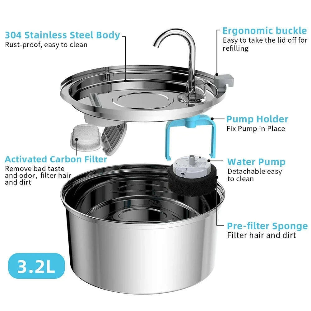 Stainless Steel Pet Water Fountain with Smart Filtration-Premium version