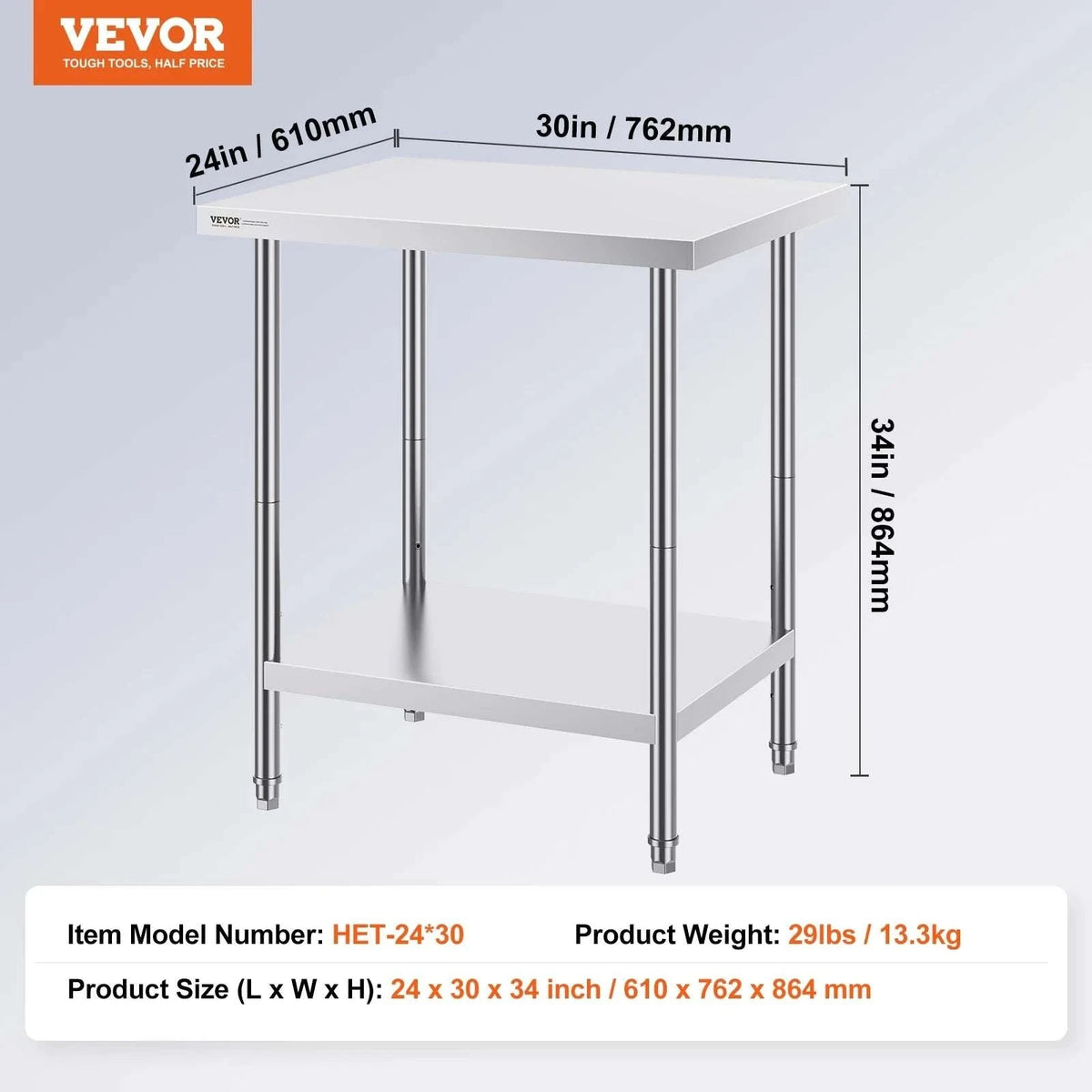 Stainless Steel Prep Table with Adjustable Shelf for Kitchen or Garage-24x18in / UNITED KINGDOM