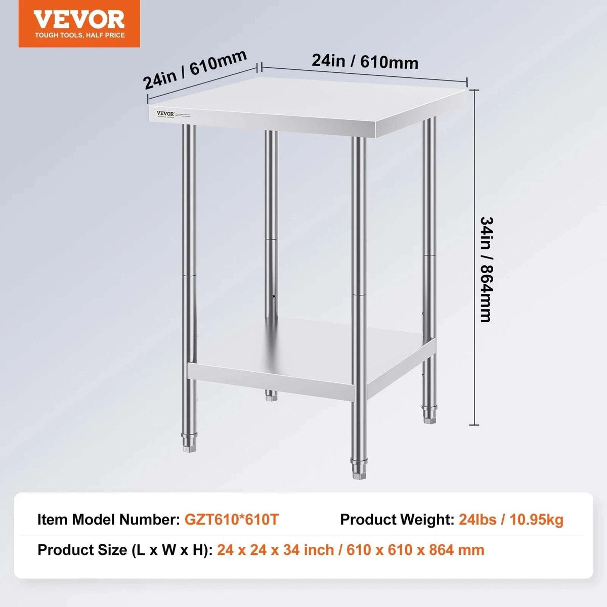 Stainless Steel Prep Table with Adjustable Shelf for Kitchen or Garage-24x18in / UNITED KINGDOM