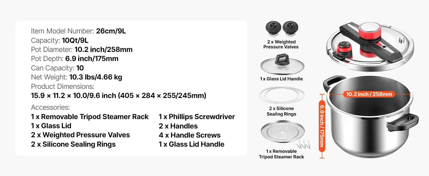 Stainless Steel Pressure Cooker 6.3–12 Qt with 3 Pressure Settings-12QT / United States