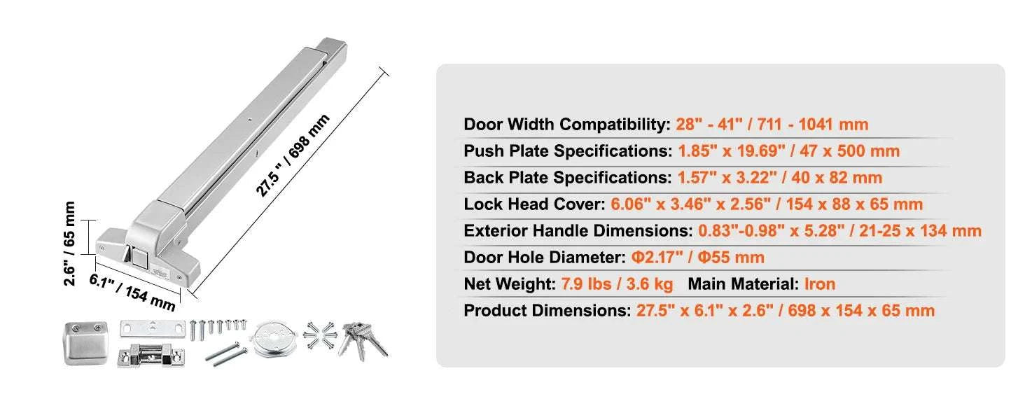 Stainless Steel Push Bar Panic Exit Device with Exterior Lever-27.5in 698mm / france