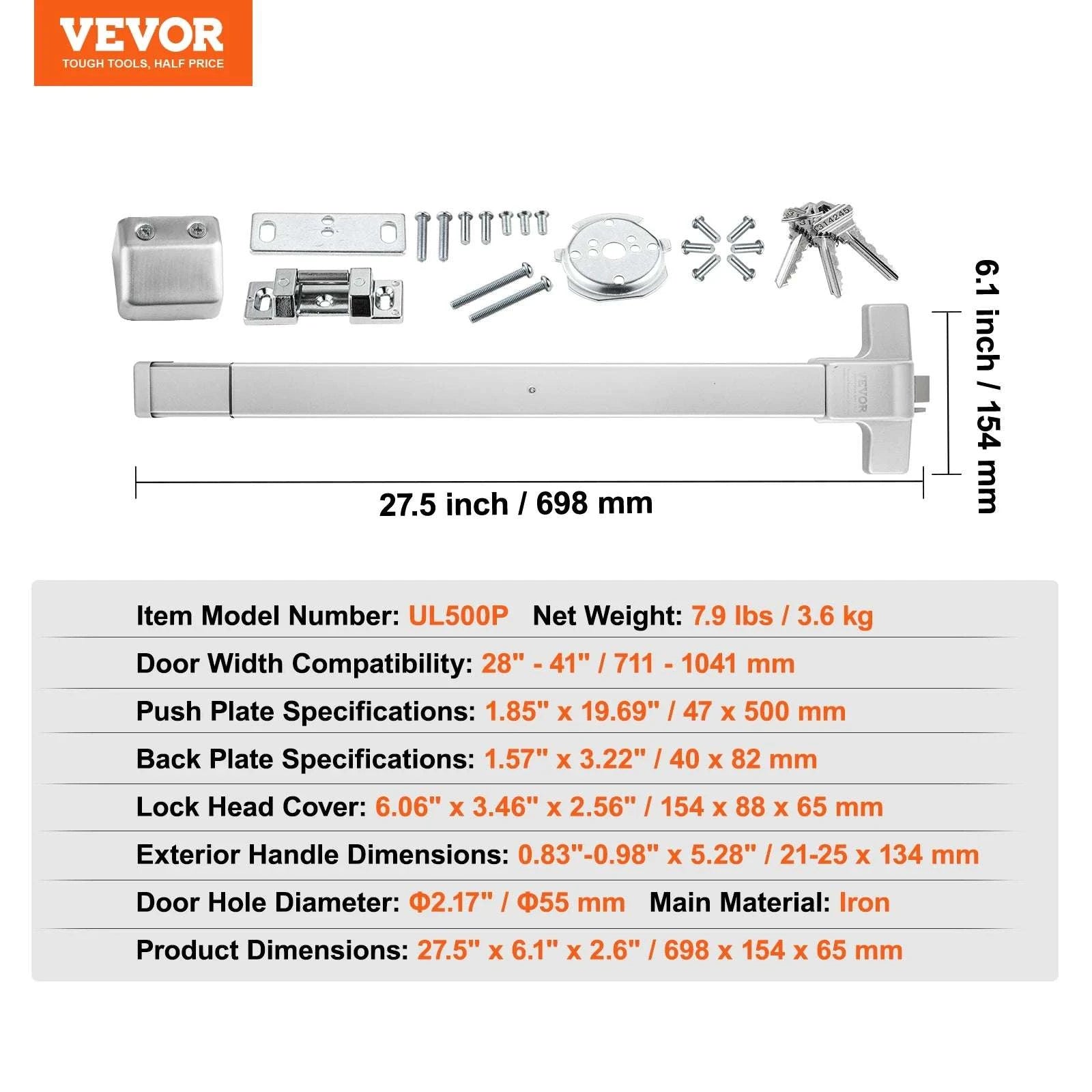 Stainless Steel Push Bar Panic Exit Device with Exterior Lever-27.5in 698mm / france