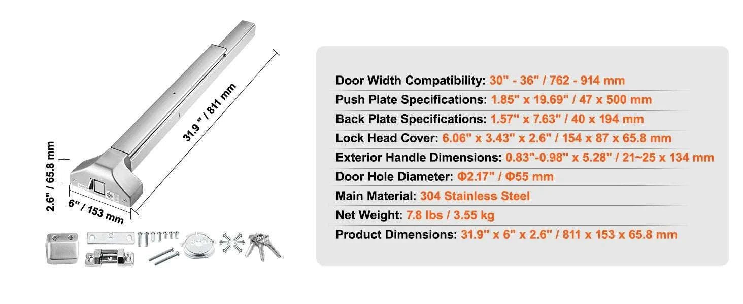 Stainless Steel Push Bar Panic Exit Device with Exterior Lever-31.9in 811mm / United States