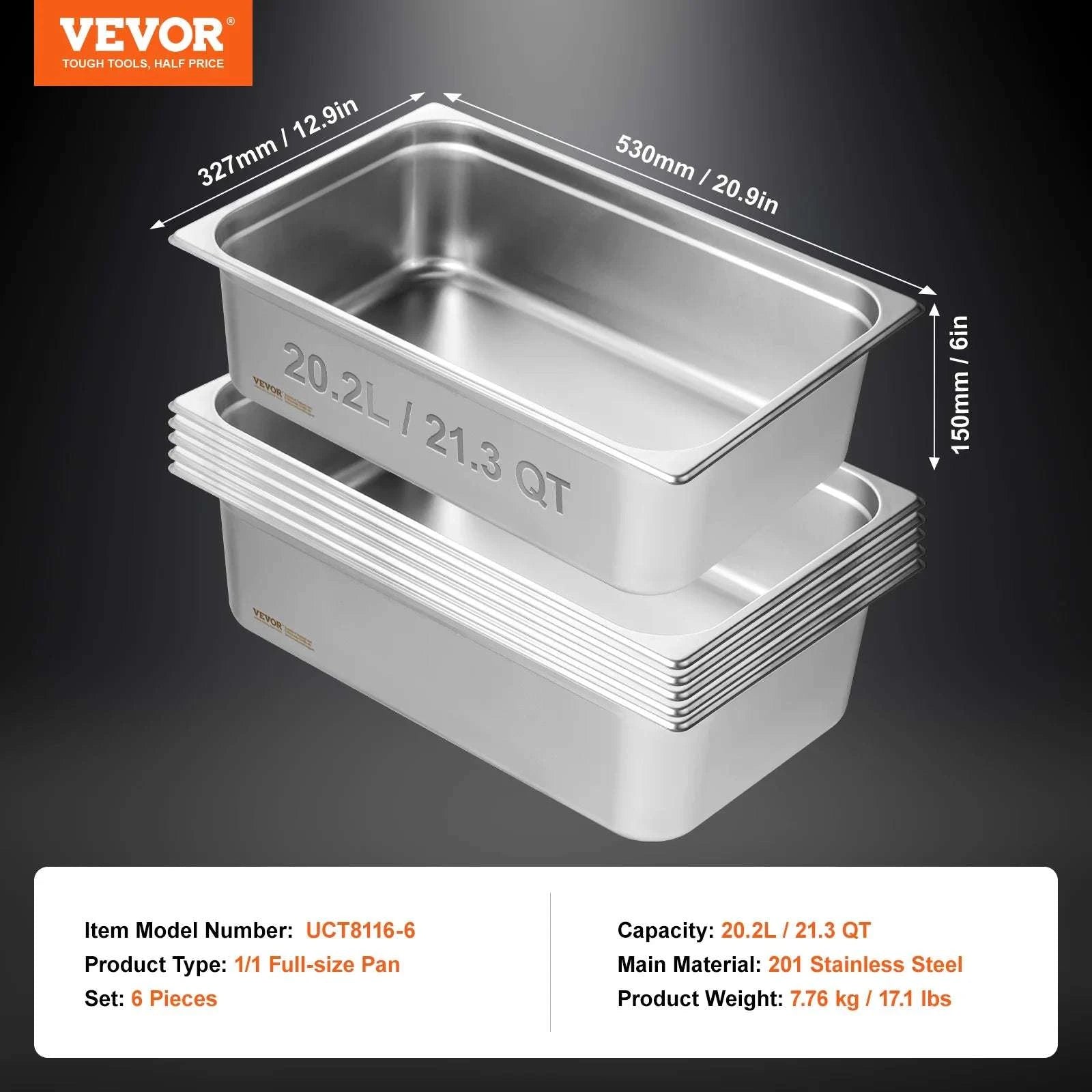 Stainless Steel Steam Table Pans Set with Lids for Catering & Food Service-6PCS 13L / Mexico