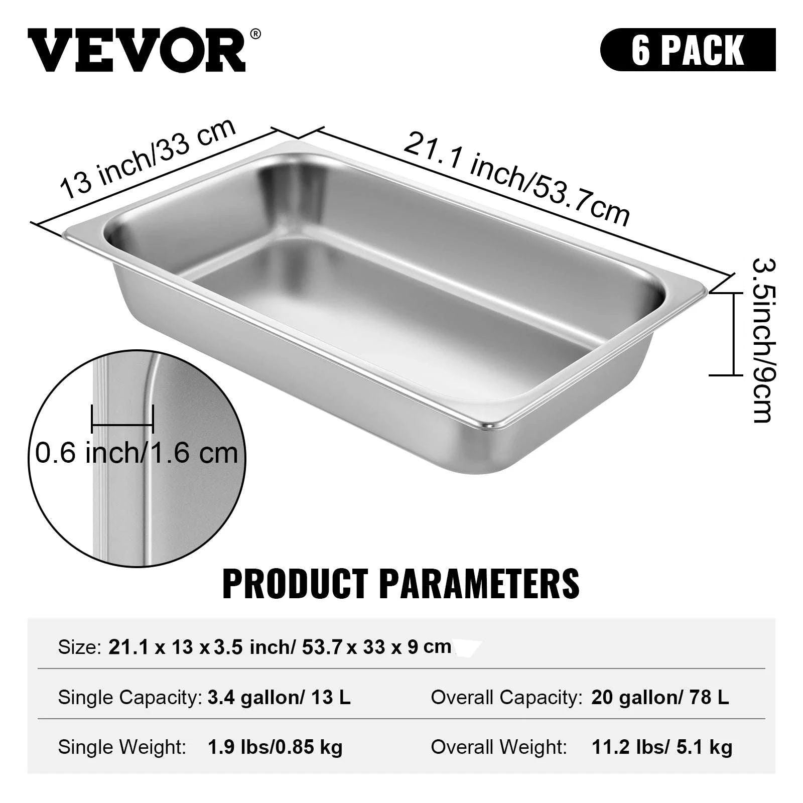 Stainless Steel Steam Table Pans Set with Lids for Catering & Food Service-6PCS 13L / Mexico