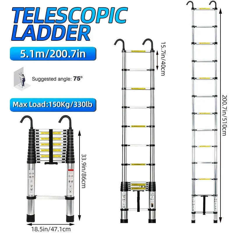 Stainless Steel Telescopic Ladder with Hooks-2.6m No hook / GERMANY