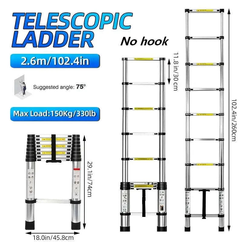 Stainless Steel Telescopic Ladder with Hooks-2.6m No hook / GERMANY