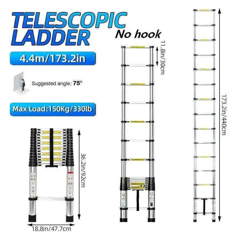 Stainless Steel Telescopic Ladder with Hooks-4.4m No hook / GERMANY