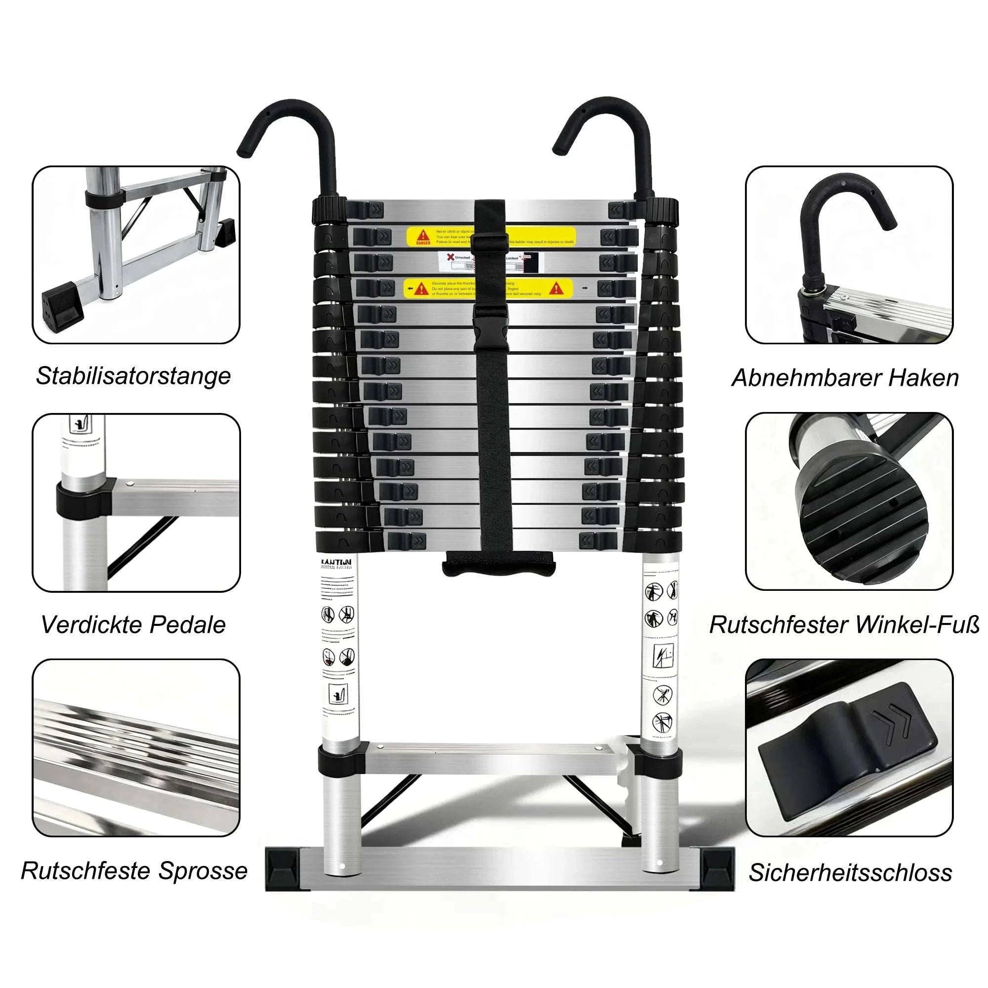 Stainless Steel Telescopic Ladder with Hooks-4.4m No hook / GERMANY