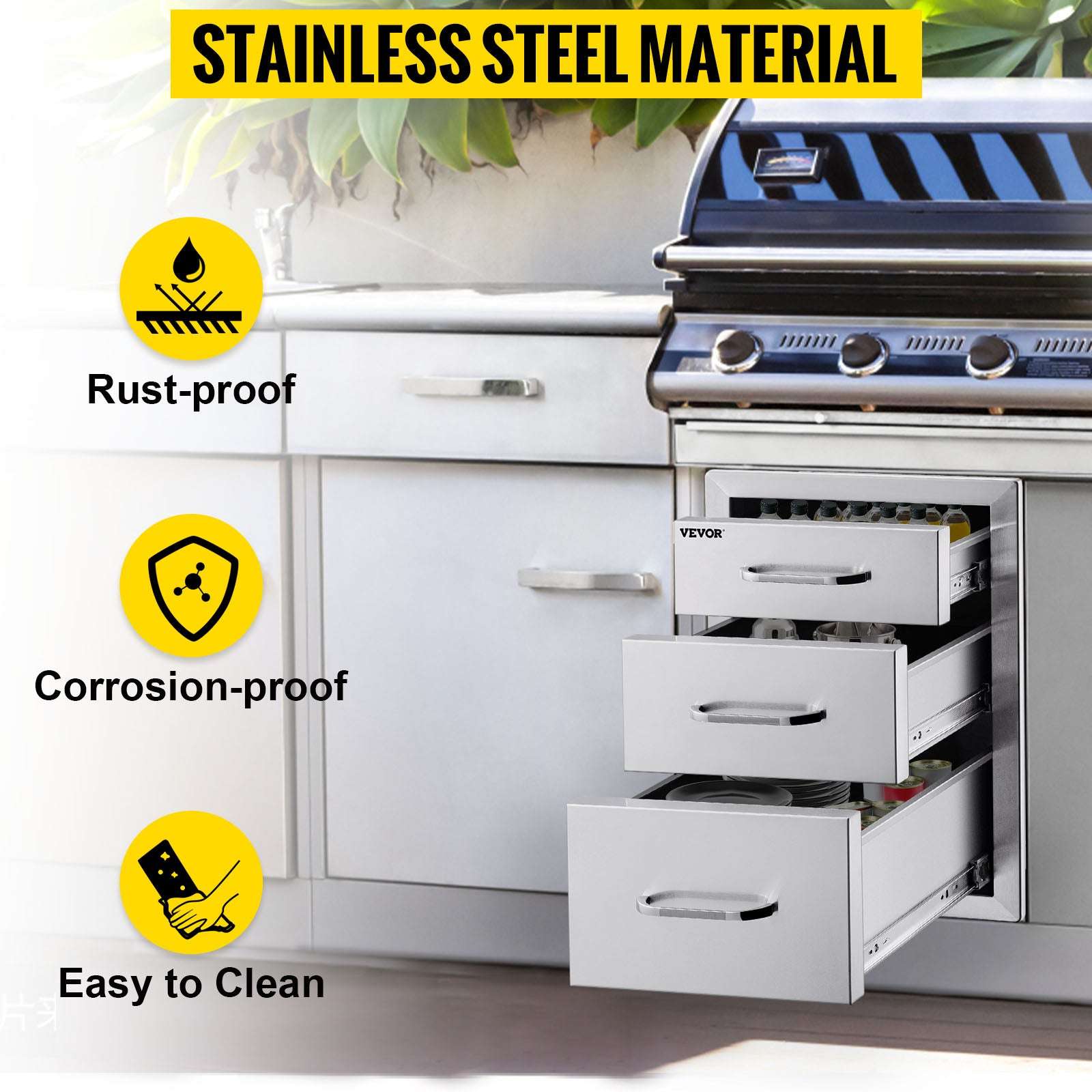 Stainless Steel Triple Drawer for Outdoor Kitchen BBQ Storage-United States