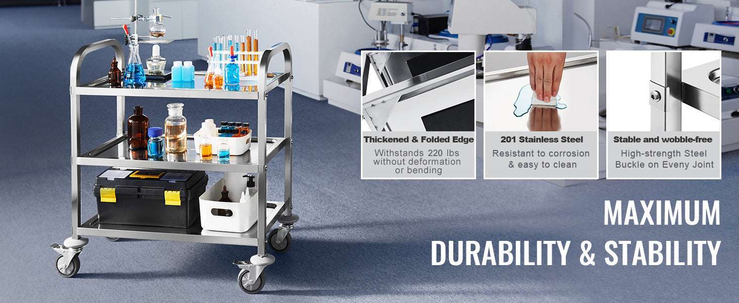 Stainless Steel Utility Cart with Lockable Wheels for Clinic Kitchen-3 Layers / CZECH REPUBLIC