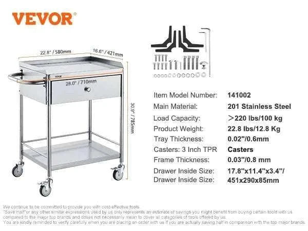 Stainless Steel Utility Cart with Lockable Wheels for Clinic Kitchen-3 Layers / CZECH REPUBLIC