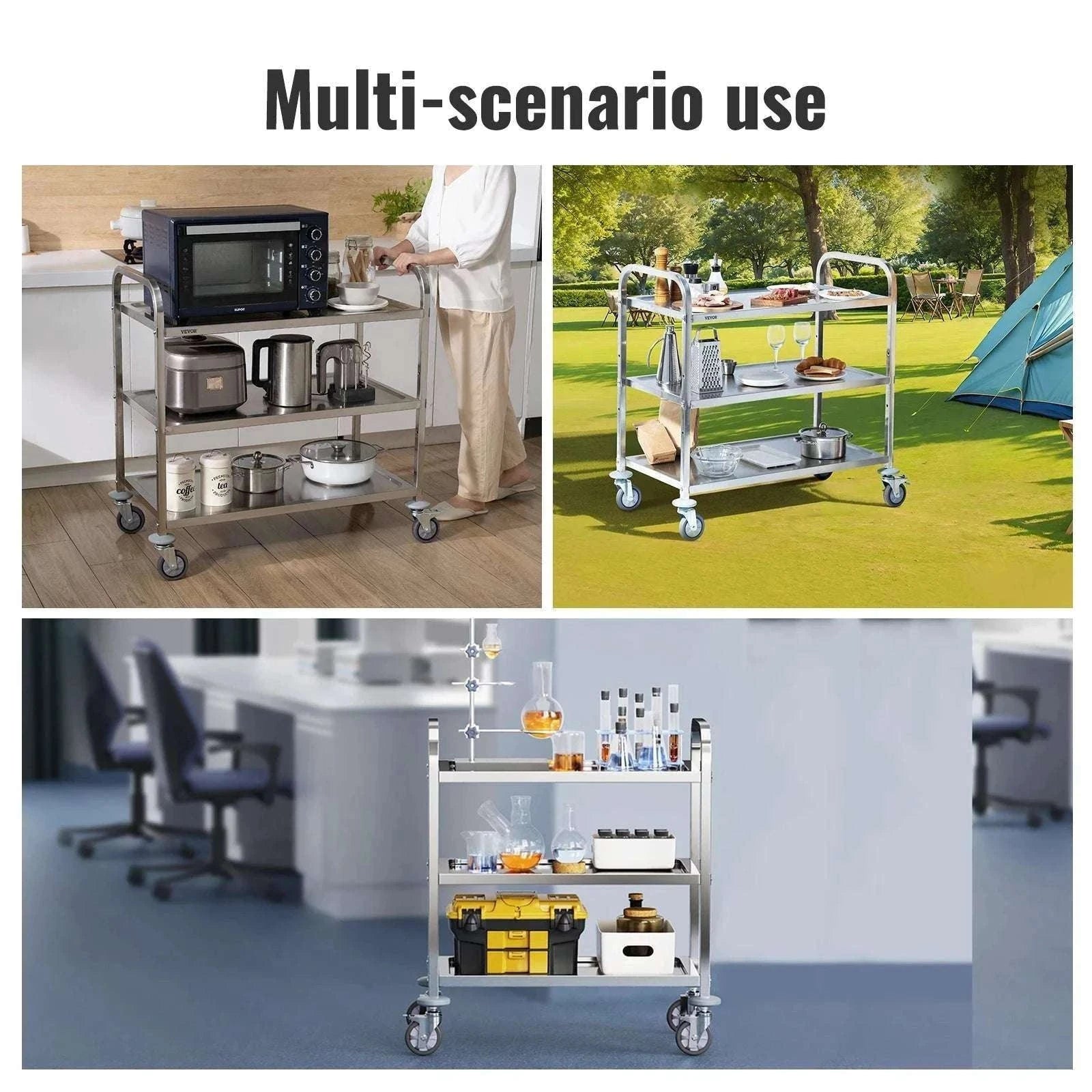 Stainless Steel Utility Cart with Lockable Wheels for Clinic Kitchen-