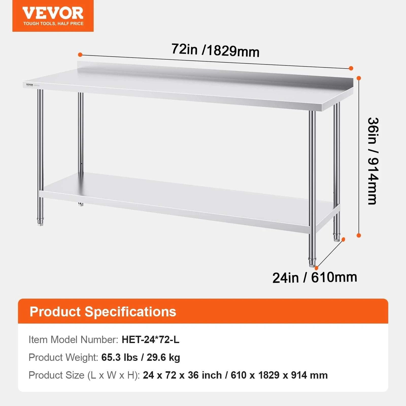 Stainless Steel Work Table 24x72 Inch Heavy-Duty Prep Station-24x72in / spain