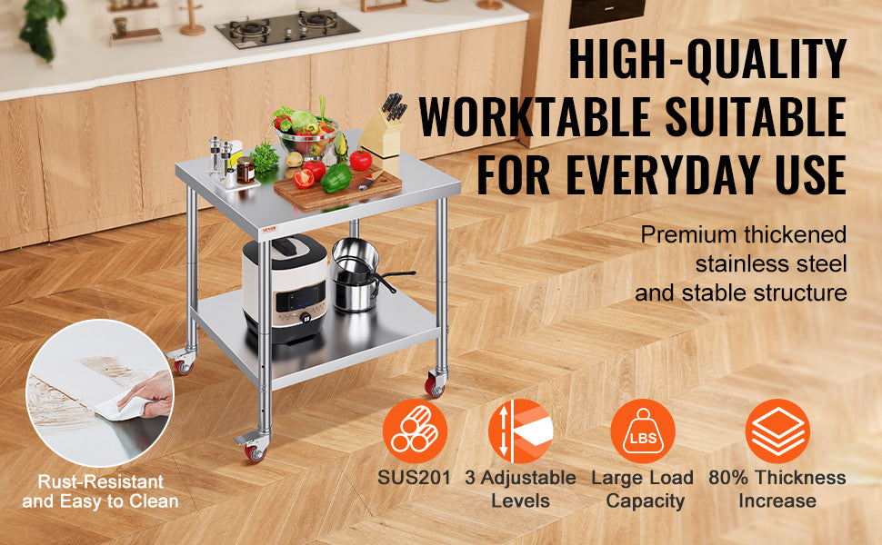 36 x 30 Inch Stainless Steel Work Table with Wheels