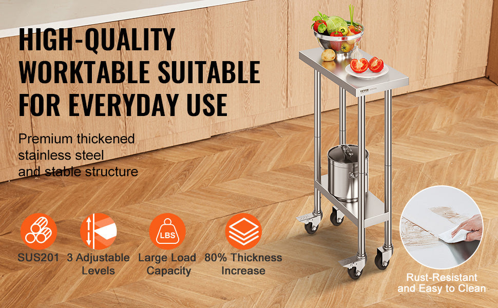 RVS Werktafel met Wielen, Verstelbare Plank, Draagvermogen 500 lb