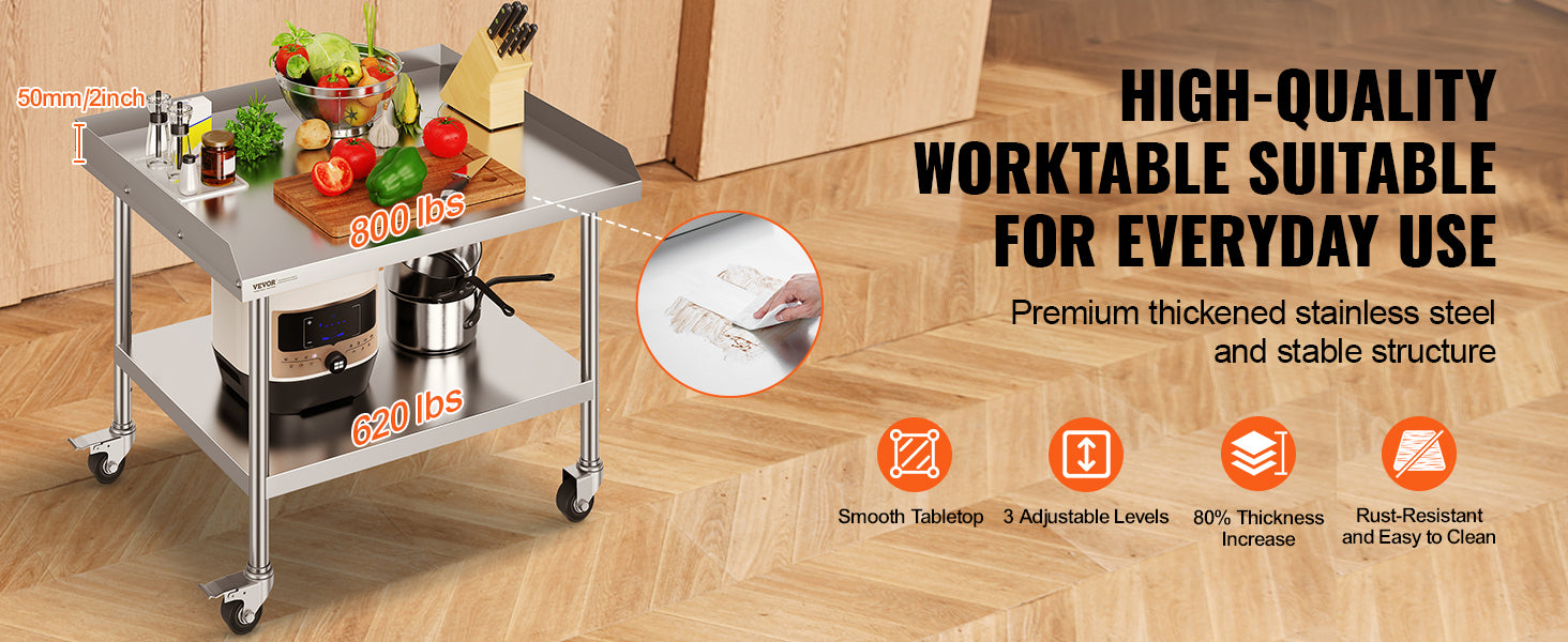 Stainless Steel Work Table with Wheels and Adjustable Shelf