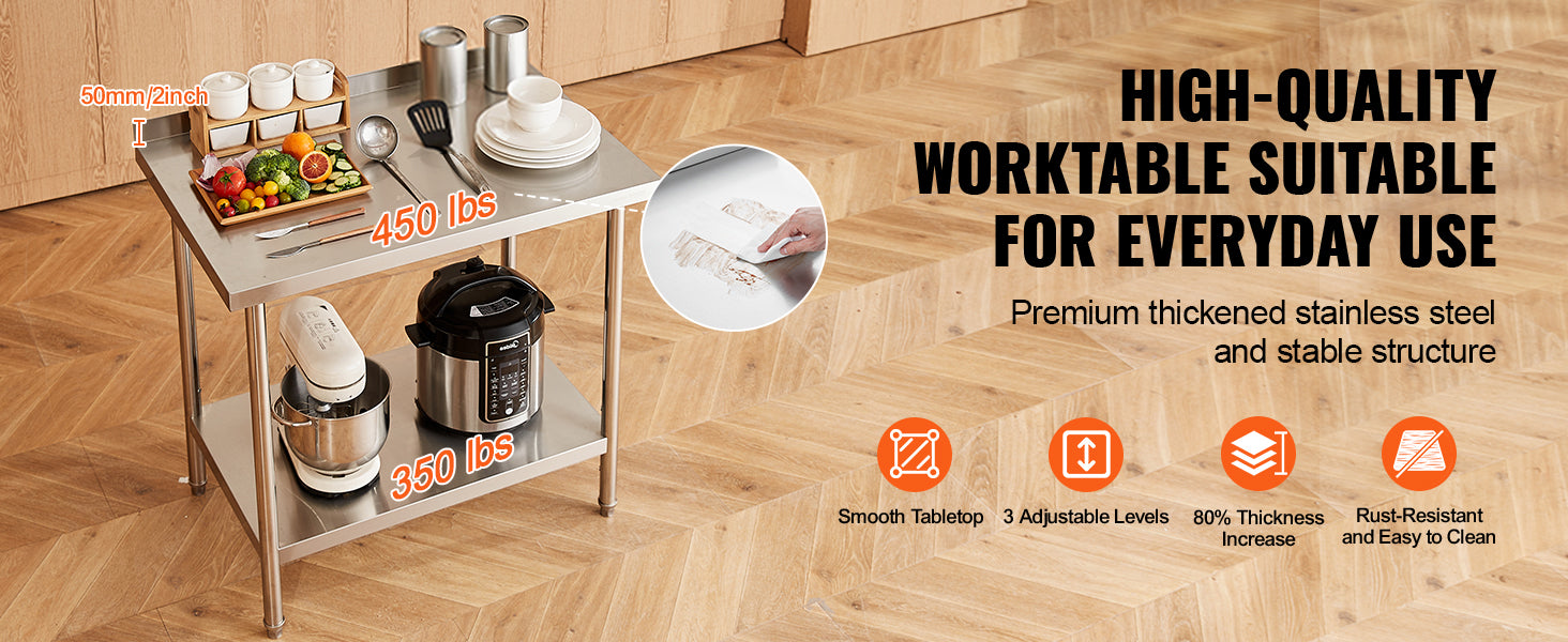 Stainless Steel Work Table with Adjustable Shelf for Kitchen Use