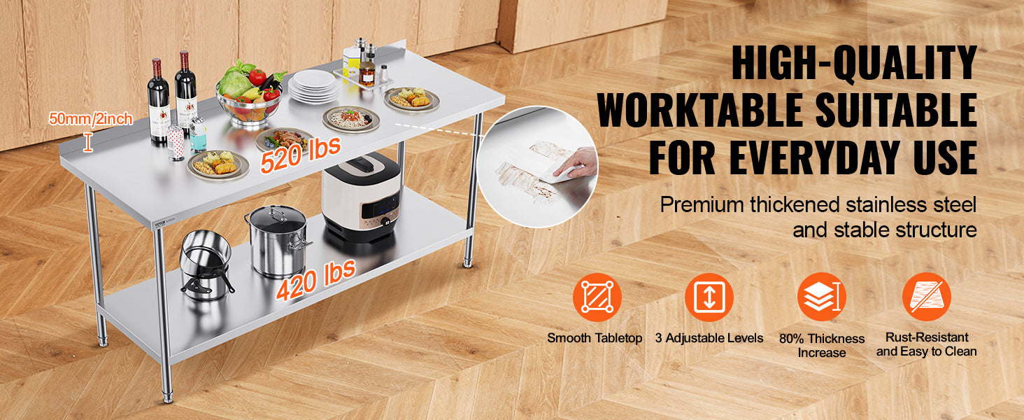 Stainless Steel Work Table 24x72 Inch Heavy-Duty Prep Station