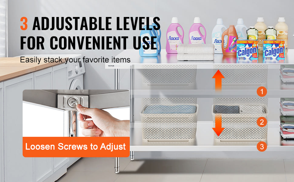 Stainless Steel Work Table with Adjustable Shelves for Kitchen Use