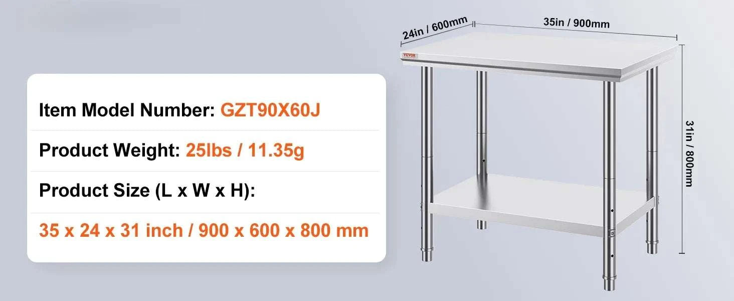 Stainless Steel Work Table with Adjustable Shelf Heavy Duty Prep Station-60X90X80cm / United States