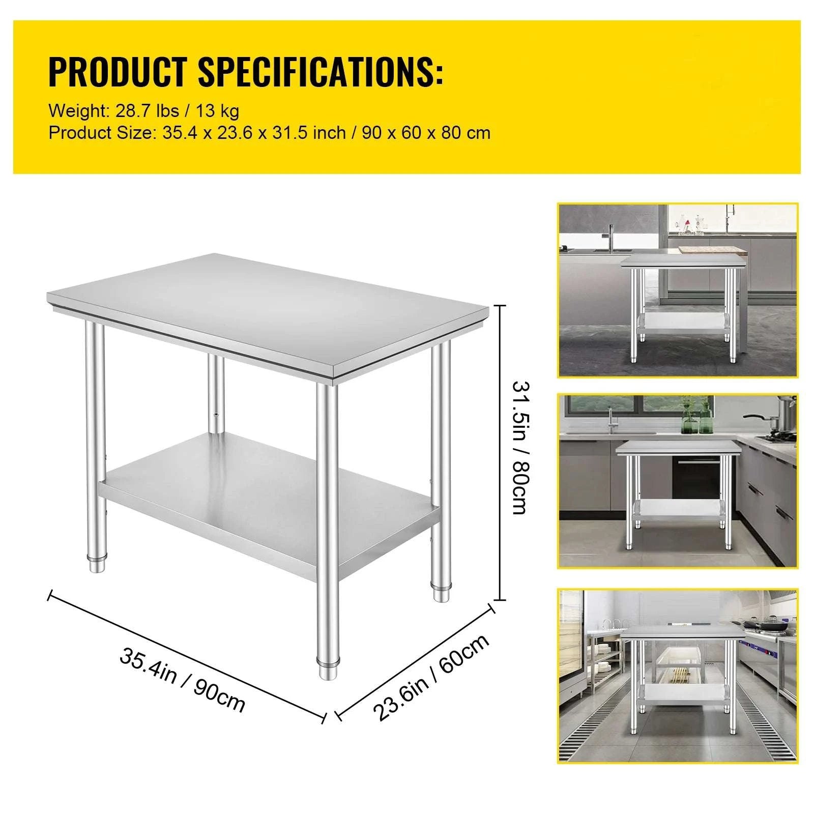 Stainless Steel Work Table with Adjustable Shelf Heavy Duty Prep Station-60X90X80cm / United States