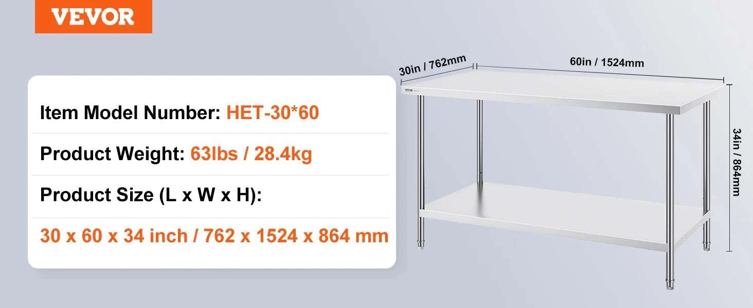 Stainless Steel Work Table with Adjustable Shelves for Kitchen Use-30x60 / United States